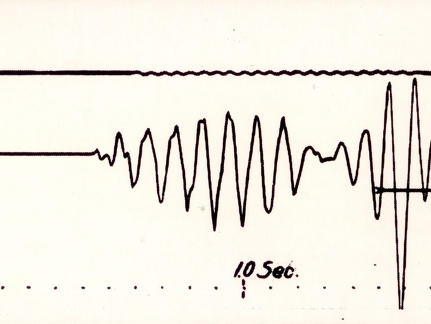 Seismogramm der Vertikal-Komponente mit Schallspur (oben), Datenspur (Mitte) und Abriß (unten).