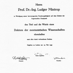 Mintrop wird Ehrendoctor der Montanistischen Hochschule Leoben, beschlossen am 31. März 1049 und vollzogen am 19. Mai 1949