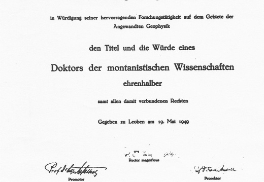 Mintrop wird Ehrendoctor der Montanistischen Hochschule Leoben, beschlossen am 31. März 1049 und vollzogen am 19. Mai 1949