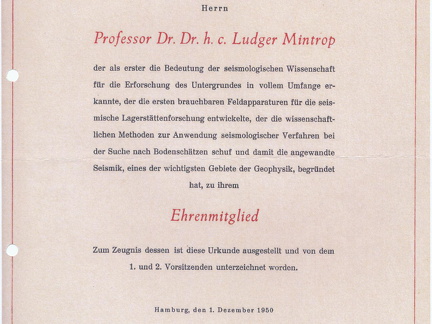 Mintrop wird am 1.Dezember 1950 Ehrenmitglied der Deutschen Geopysikalischen Gesellschaft (DGG)