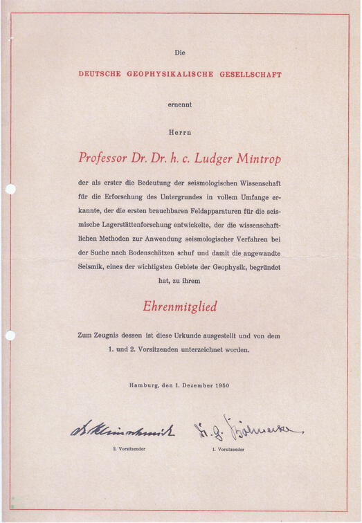 Mintrop wird am 1.Dezember 1950 Ehrenmitglied der Deutschen Geopysikalischen Gesellschaft (DGG)