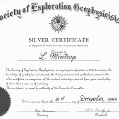 Die SEG gedenkt Mintrops 25 jähriger Ehrenmitgliedschaft und sendet ihm das 'Silver Certificate', ausgestellt am 31.12.1955, also einen Tag vor seinem Tod.