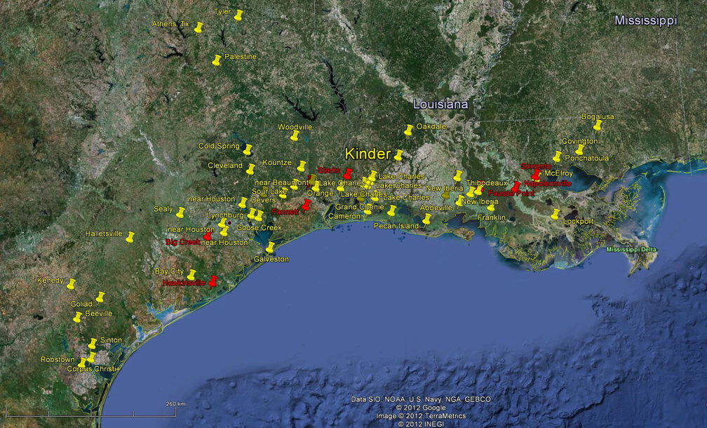 Die Messgebiete (gelb) zwischen 1924 und 1930. Rot sind die Funde, Salzdome mit Öl