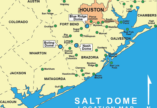 Die Lage der Salzdome um Houston. Links von Houston das Orchardfeld, entdeckt von O. Geußenhainer